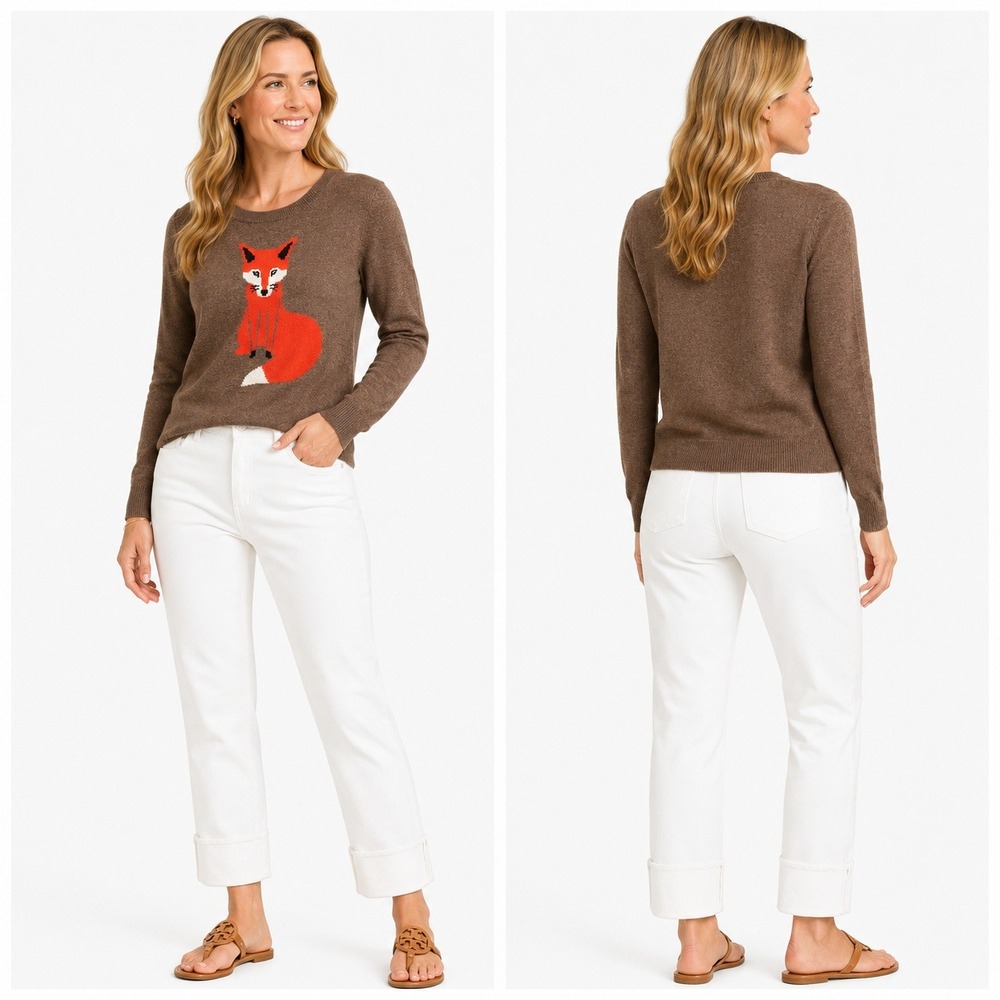 Old Navy Sweater Womens‎ M Brown Orange Fox Graphic Pullover Long Sleeve Knit
